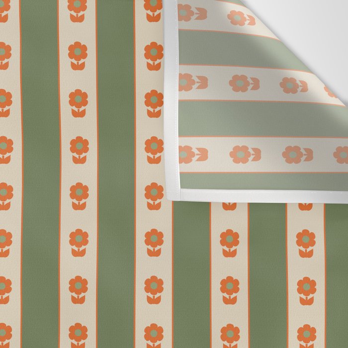 Cottage Stripes and Flowers Pattern in Olive Orange Beige Wall Tapestry Gallery Image 3