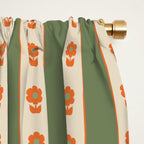 Cottage Stripes and Flowers Pattern in Olive Orange Beige Window Curtain Gallery Image 2