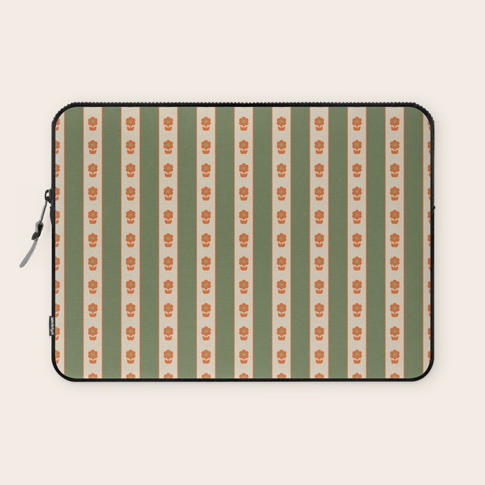 Cottage Stripes and Flowers Pattern in Olive Orange Beige Laptop Sleeve Gallery Image 1