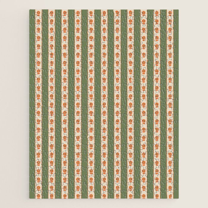 Cottage Stripes and Flowers Pattern in Olive Orange Beige Jigsaw Puzzle Gallery Image 1