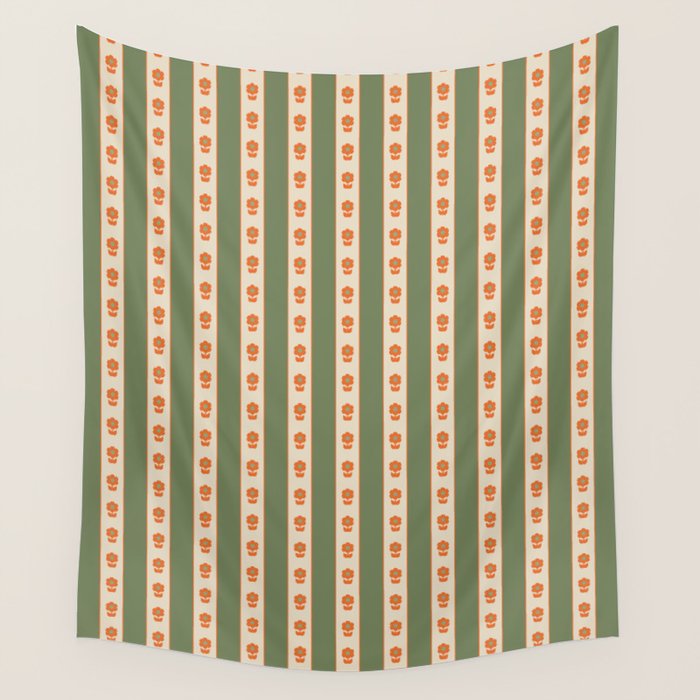 Cottage Stripes and Flowers Pattern in Olive Orange Beige Wall Tapestry Gallery Image 4