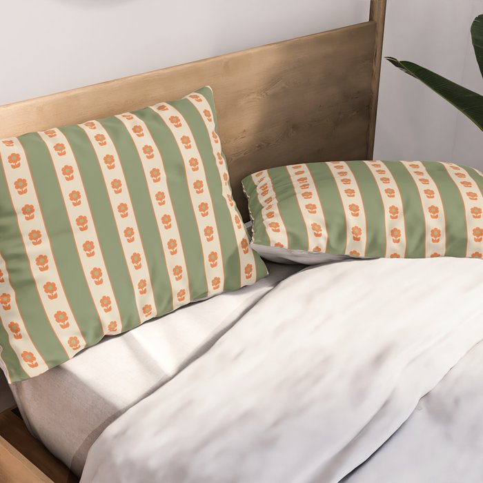 Cottage Stripes and Flowers Pattern in Olive Orange Beige Pillow Sham Gallery Image 2