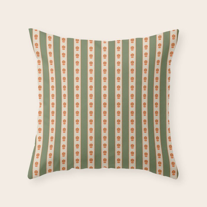 Cottage Stripes and Flowers Pattern in Olive Orange Beige Throw Pillow Gallery Image 6