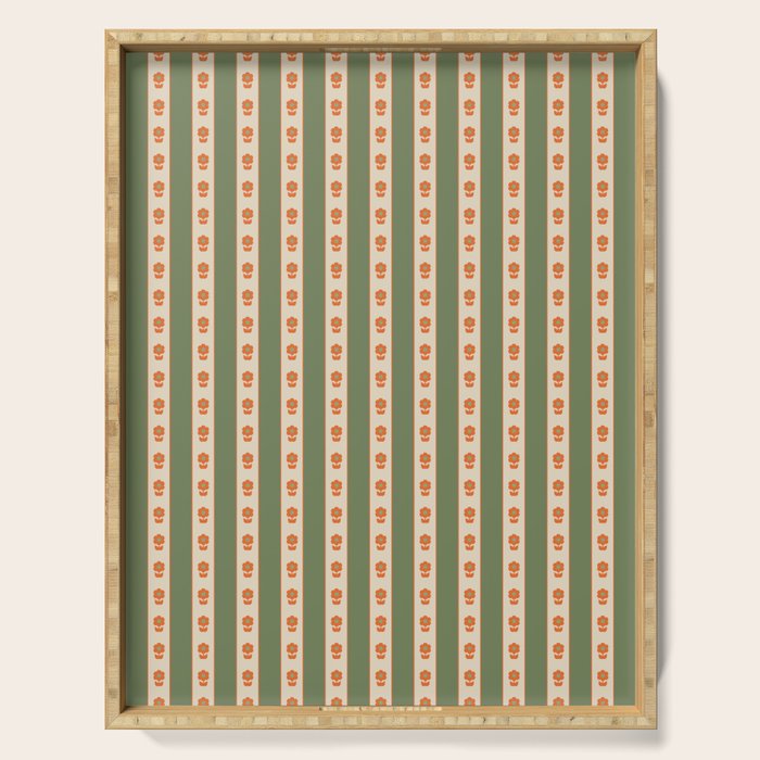 Cottage Stripes and Flowers Pattern in Olive Orange Beige Serving Tray Gallery Image 1