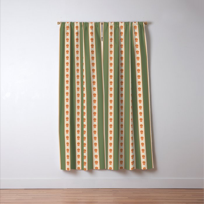 Cottage Stripes and Flowers Pattern in Olive Orange Beige Window Curtain Gallery Image 3