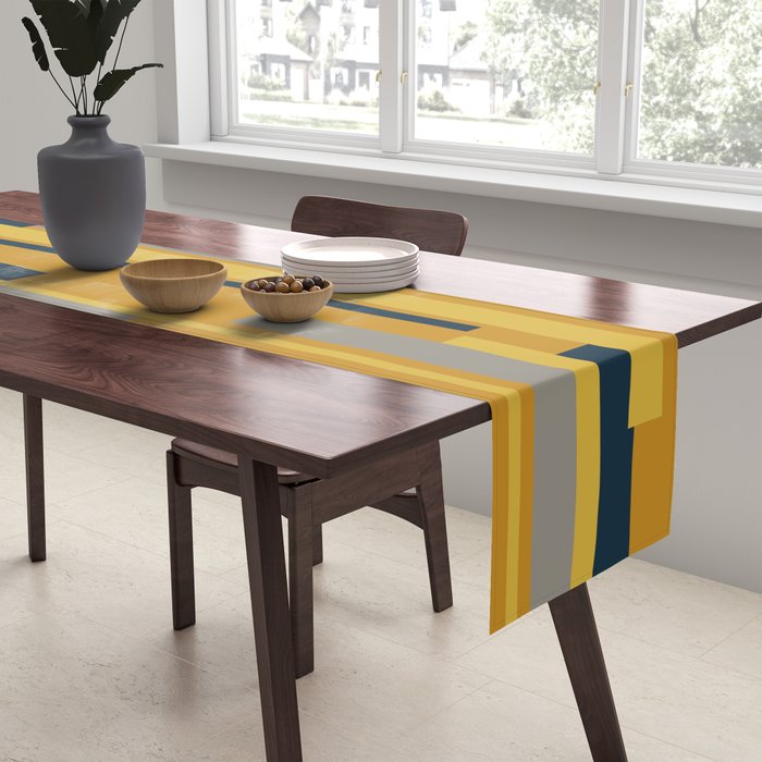 Wright 3 Geometric Midcentury Modern Pattern in Navy Blue, Mustard, and Gray Table Runner Gallery Image 2
