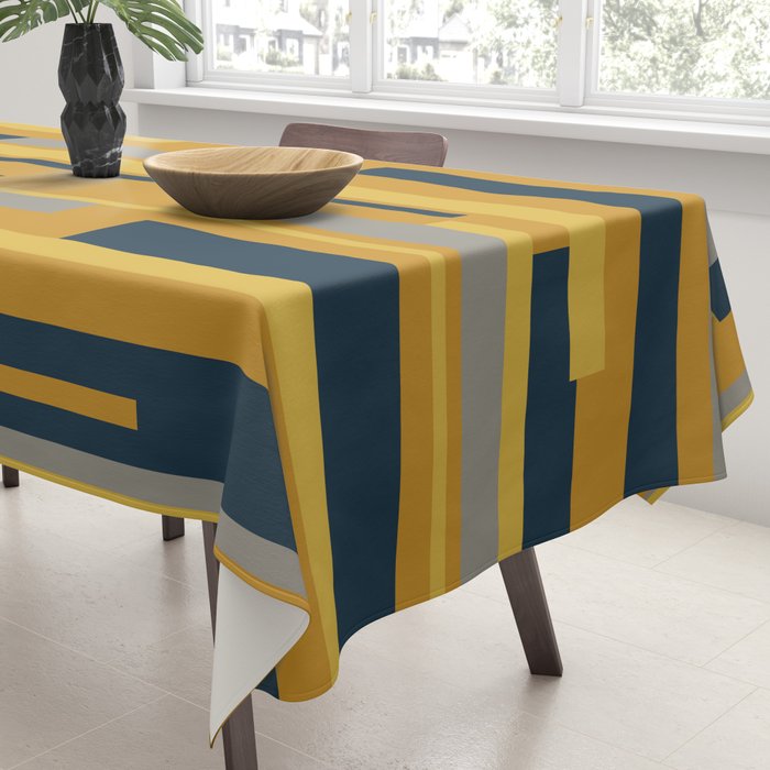 Wright 3 Geometric Midcentury Modern Pattern in Navy Blue, Mustard, and Gray Tablecloth Gallery Image 3