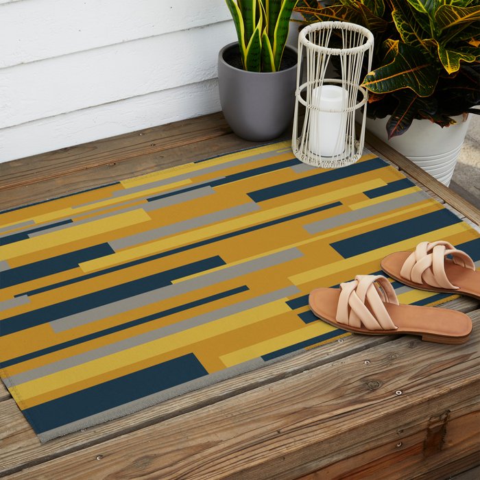 Wright 3 Geometric Midcentury Modern Pattern in Navy Blue, Mustard, and Gray Outdoor Rug Gallery Image 2