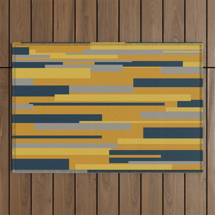 Wright 3 Geometric Midcentury Modern Pattern in Navy Blue, Mustard, and Gray Outdoor Rug Gallery Image 1