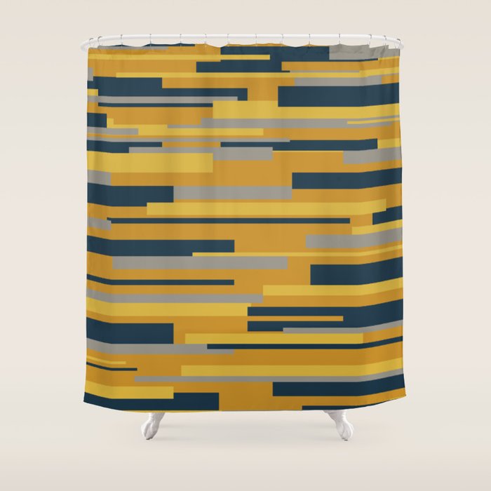 Wright 3 Geometric Midcentury Modern Pattern in Navy Blue, Mustard, and Gray Shower Curtain Gallery Image 1