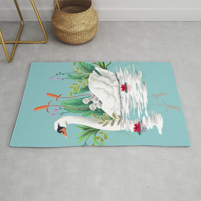 Bond, Jungle Animals, Swan Family Nature Pond Illustration, Bohemian Ducks Love Colorful Botanical Rug Gallery Image 1