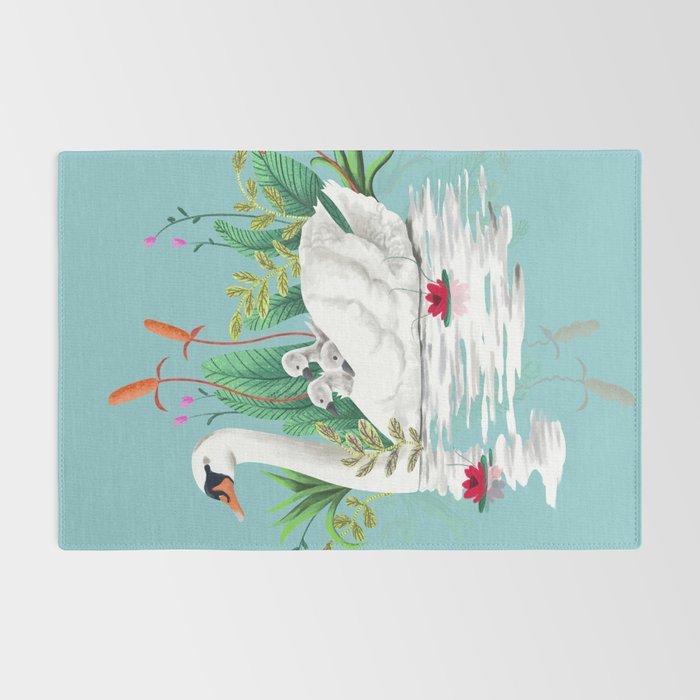 Bond, Jungle Animals, Swan Family Nature Pond Illustration, Bohemian Ducks Love Colorful Botanical Rug Gallery Image 2