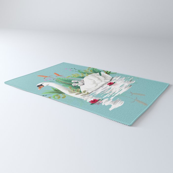 Bond, Jungle Animals, Swan Family Nature Pond Illustration, Bohemian Ducks Love Colorful Botanical Rug Gallery Image 3