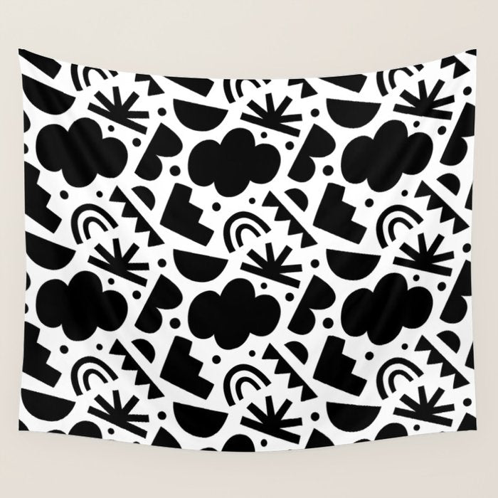 Black and white organic shape art pattern Wall Tapestry Gallery Image 1