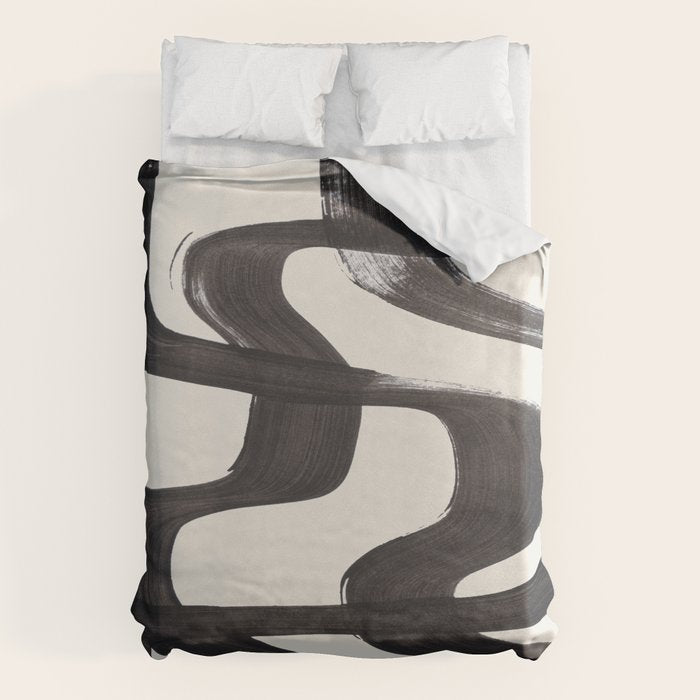 Mid Century Modern Minimalist Abstract Art Brush Strokes Black & White Ink Art Ripple Lines Duvet Cover Gallery Image 1