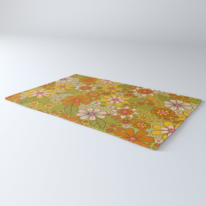 1960s, 1970s Retro Floral in Green, Pink & Orange - Flower Power Rug Gallery Image 3