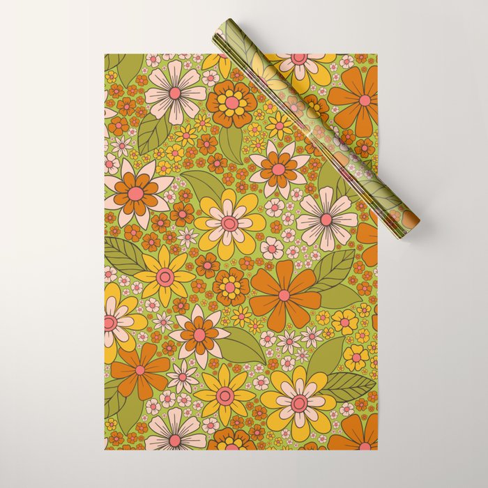 1960s, 1970s Retro Floral in Green, Pink & Orange - Flower Power Wrapping Paper Gallery Image 1
