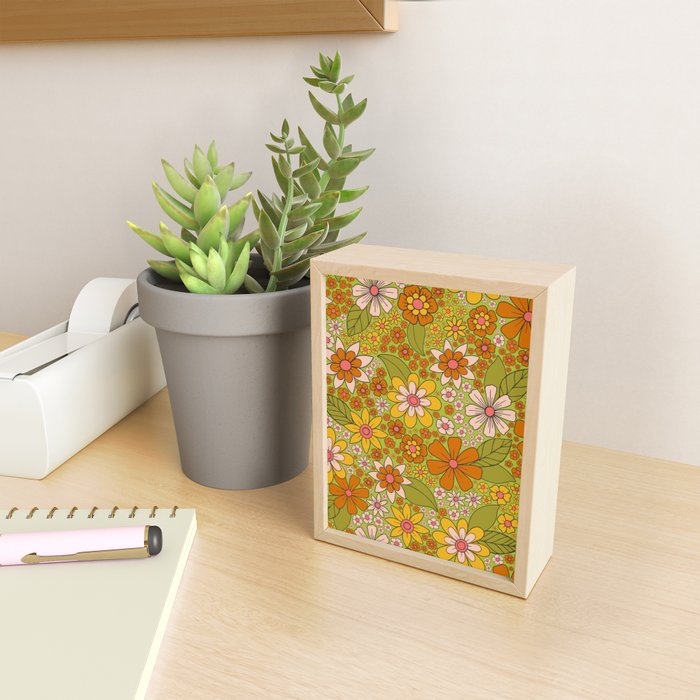1960s, 1970s Retro Floral in Green, Pink & Orange - Flower Power Mini Art Print Gallery Image 2