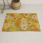 1960s, 1970s Retro Floral in Green, Pink & Orange - Flower Power Rug Gallery Image 1