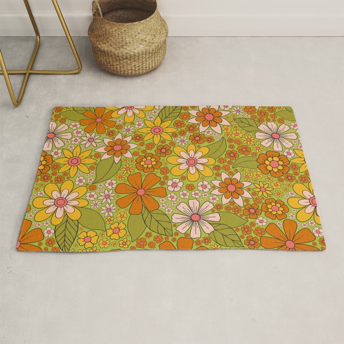 1960s, 1970s Retro Floral in Green, Pink & Orange - Flower Power Rug Gallery Image 1