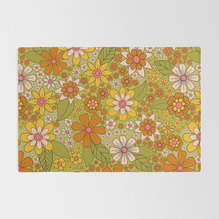 1960s, 1970s Retro Floral in Green, Pink & Orange - Flower Power Rug Gallery Image 2