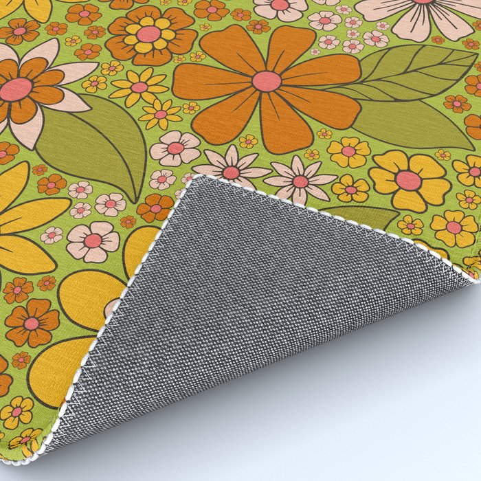 1960s, 1970s Retro Floral in Green, Pink & Orange - Flower Power Rug Gallery Image 4