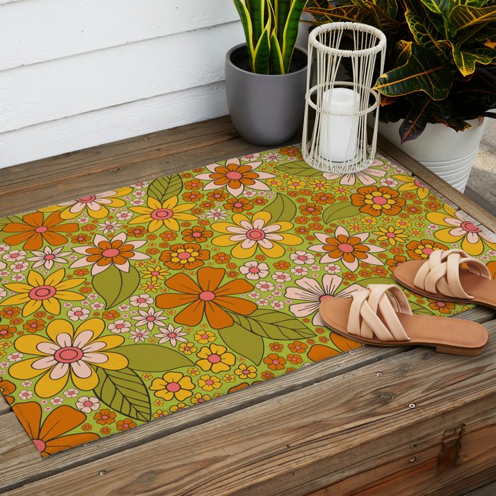 1960s, 1970s Retro Floral in Green, Pink & Orange - Flower Power Outdoor Rug Gallery Image 2
