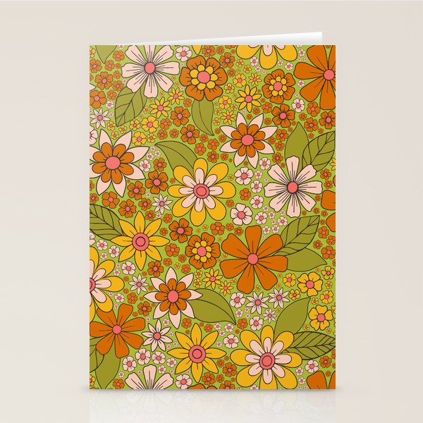 1960s, 1970s Retro Floral in Green, Pink & Orange - Flower Power Stationery Card Gallery Image 2