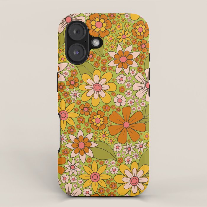 1960s, 1970s Retro Floral in Green, Pink & Orange - Flower Power iPhone Case Gallery Image 1