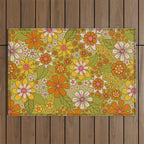 1960s, 1970s Retro Floral in Green, Pink & Orange - Flower Power Outdoor Rug Gallery Image 1