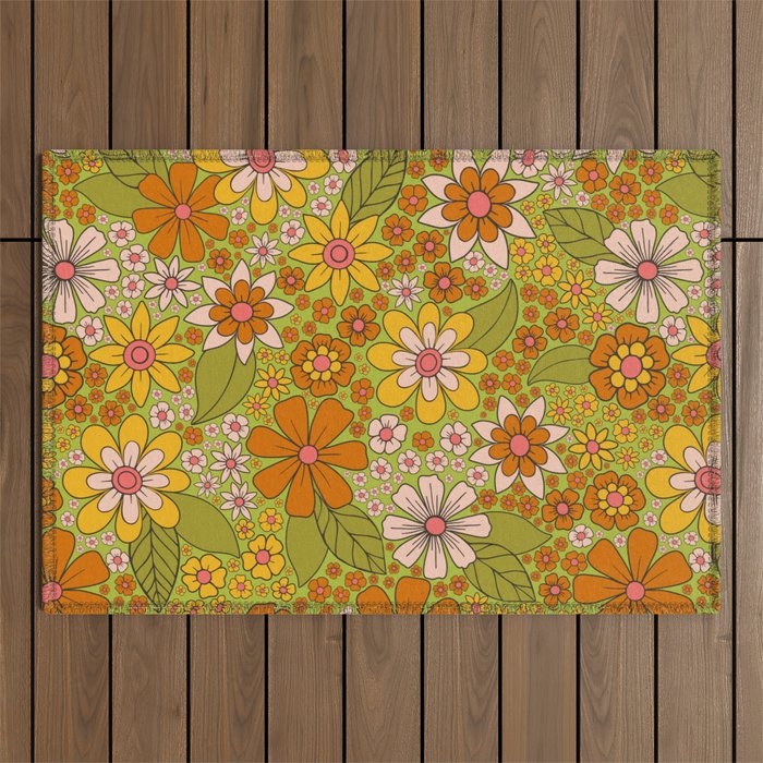1960s, 1970s Retro Floral in Green, Pink & Orange - Flower Power Outdoor Rug Gallery Image 1