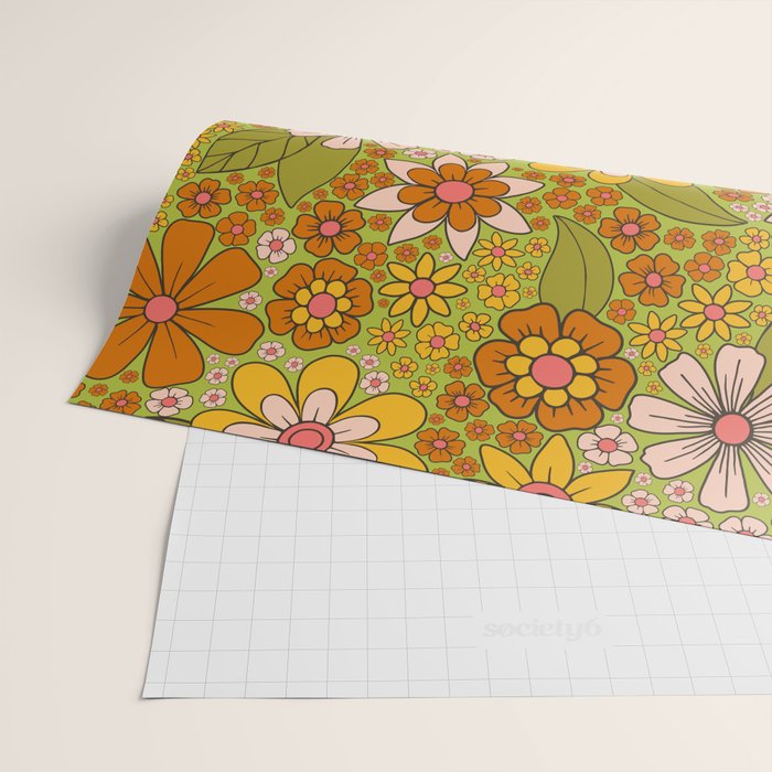 1960s, 1970s Retro Floral in Green, Pink & Orange - Flower Power Wrapping Paper Gallery Image 2