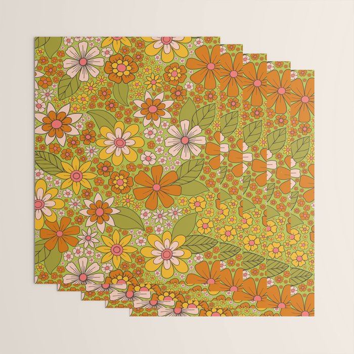 1960s, 1970s Retro Floral in Green, Pink & Orange - Flower Power Wrapping Paper Gallery Image 3