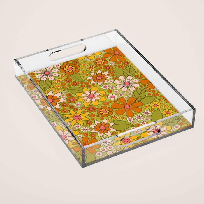 1960s, 1970s Retro Floral in Green, Pink & Orange - Flower Power Acrylic Tray Gallery Image 1