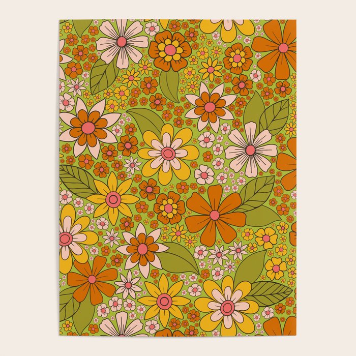 1960s, 1970s Retro Floral in Green, Pink & Orange - Flower Power Poster Gallery Image 4