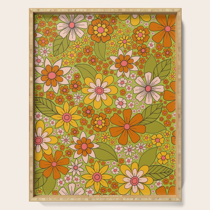 1960s, 1970s Retro Floral in Green, Pink & Orange - Flower Power Serving Tray Gallery Image 1