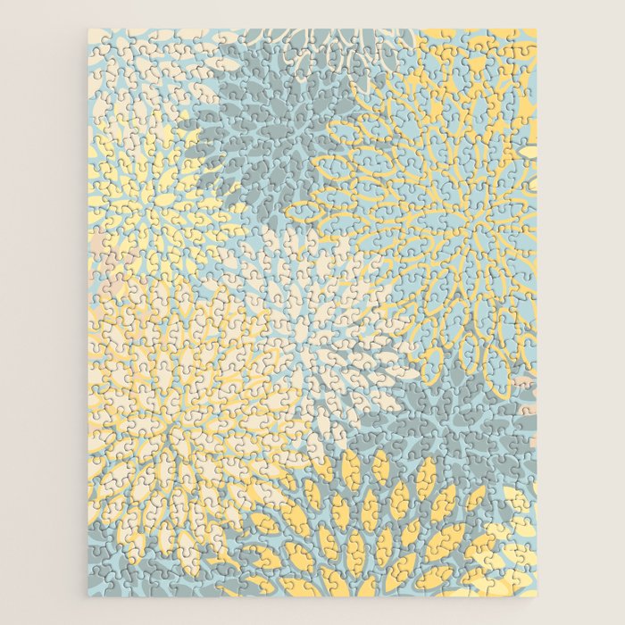 Elegant Blooms: Modern Floral Art in Soft Yellow and Teal Jigsaw Puzzle Gallery Image 1