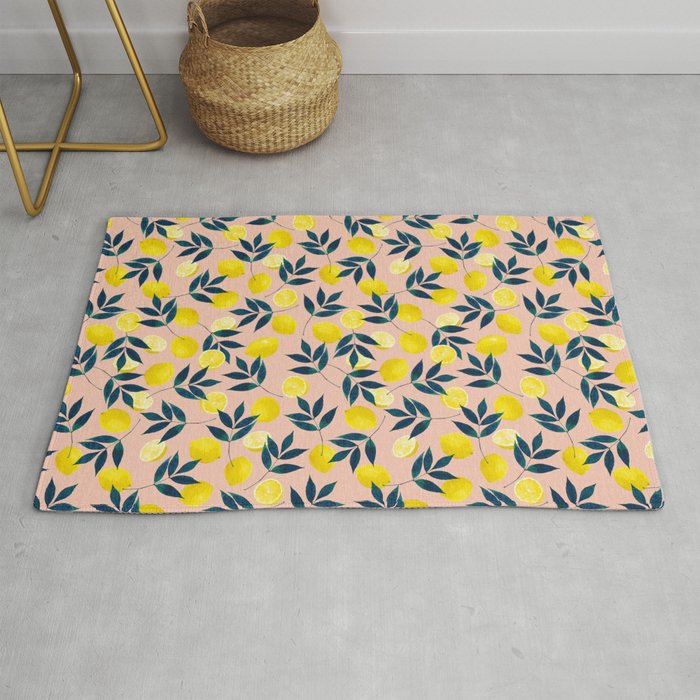 Lemon Goodness, Botanical Nature Forest Illustration, Bohemian Blush Colorful Painting Rug Gallery Image 1