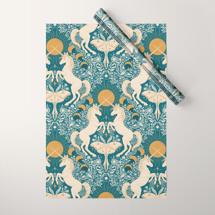 Celestial Unicorns In Turquoise and Gold Wrapping Paper Gallery Image 1