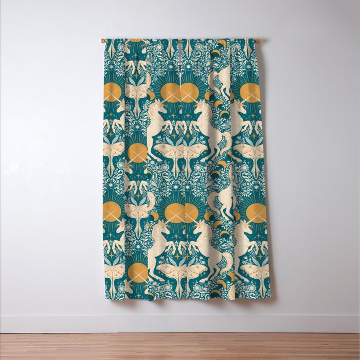 Celestial Unicorns In Turquoise and Gold Window Curtain Gallery Image 3
