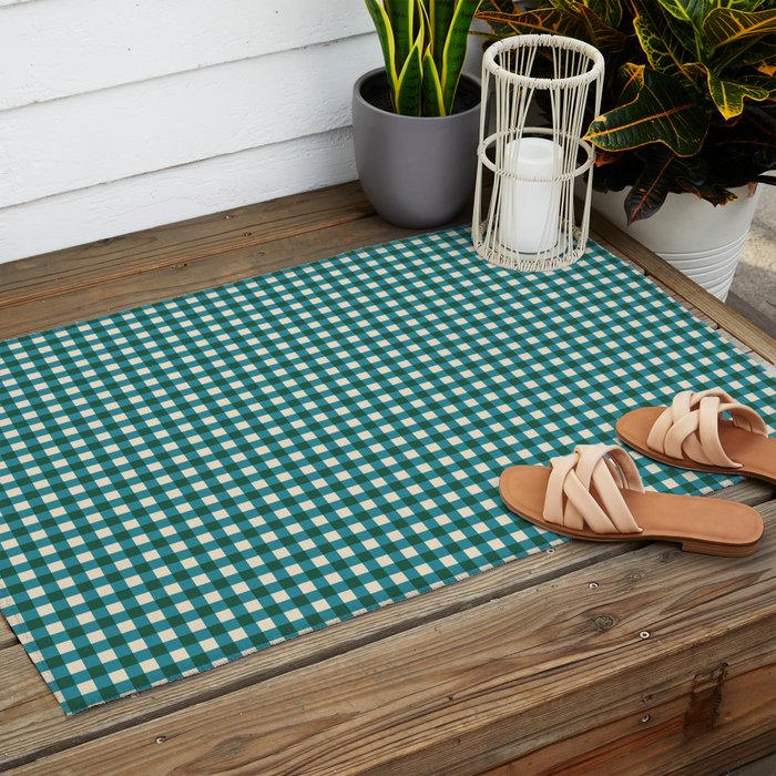 Mini Holiday Gingham in Teal Outdoor Rug Gallery Image 2