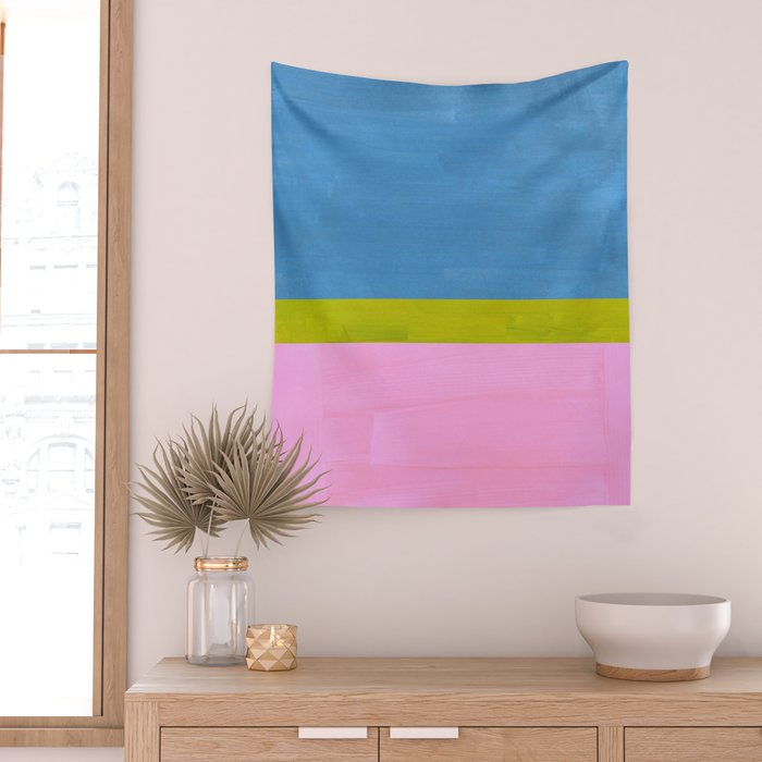 Childhood Dreams Sky Blue Lime Green Pastel Pink Colorfield  Wall Tapestry Gallery Image 2
