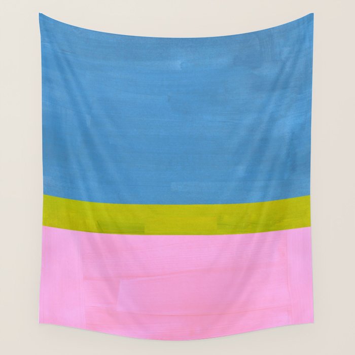 Childhood Dreams Sky Blue Lime Green Pastel Pink Colorfield  Wall Tapestry Gallery Image 1