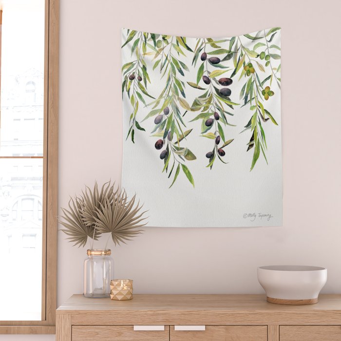 Olive Branch Watercolor  Wall Tapestry Gallery Image 2