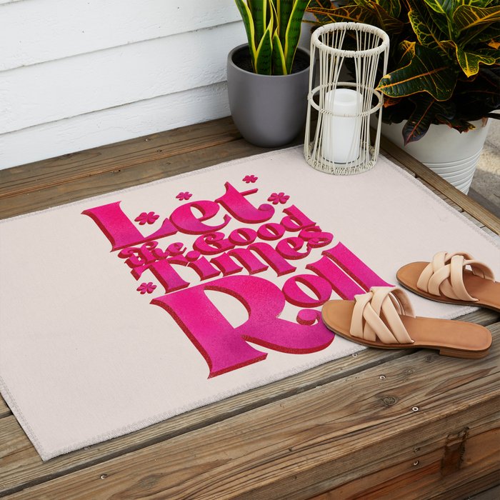 Let The Good Times Roll  - Retro Type in Pink Outdoor Rug Gallery Image 2