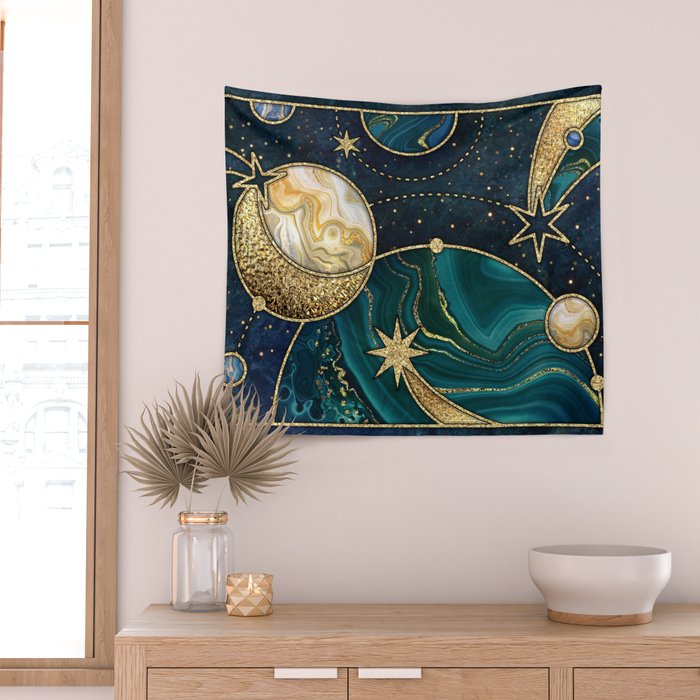 Celestial Starry Emerald Gold Cosmos Wall Tapestry Gallery Image 2