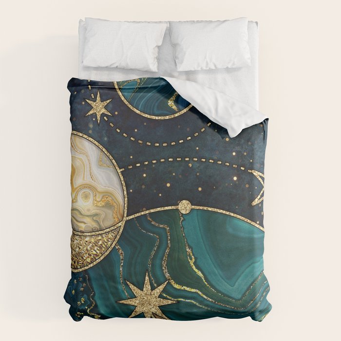 Celestial Starry Emerald Gold Cosmos Duvet Cover Gallery Image 1