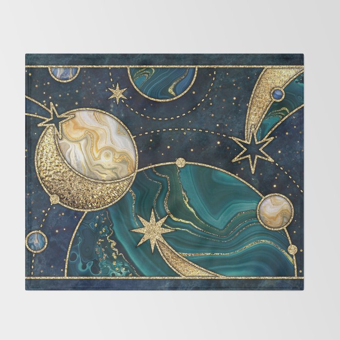 Celestial Starry Emerald Gold Cosmos Throw Blanket Gallery Image 2