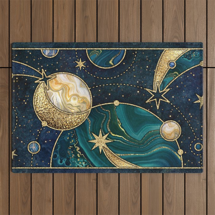 Celestial Starry Emerald Gold Cosmos Outdoor Rug Gallery Image 1
