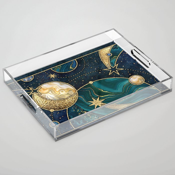 Celestial Starry Emerald Gold Cosmos Acrylic Tray Gallery Image 1